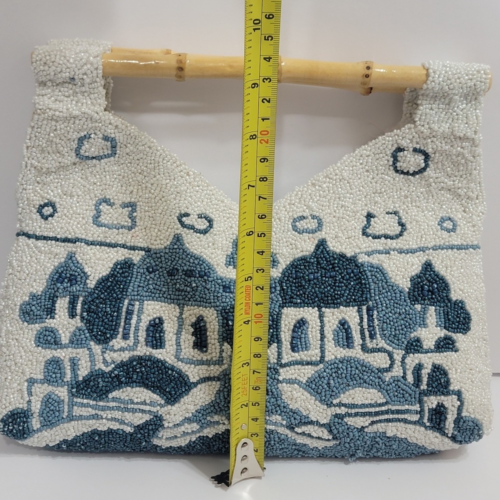 Viral Blue White Santorini Greece Beaded Bamboo Handle Bag Clutch Made India NWT - Picture 8 of 9